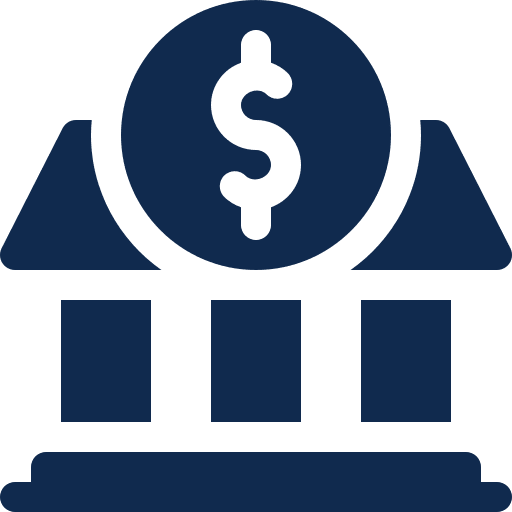 Icon of a bank building with a dollar sign above it.