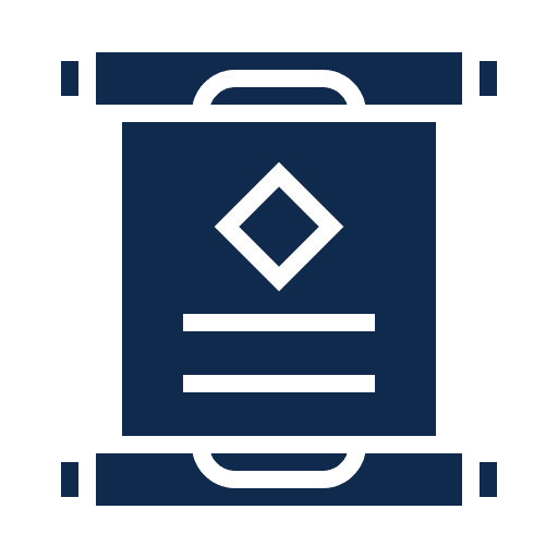 Icon of an ancient scroll with a diamond-shaped emblem and horizontal lines.