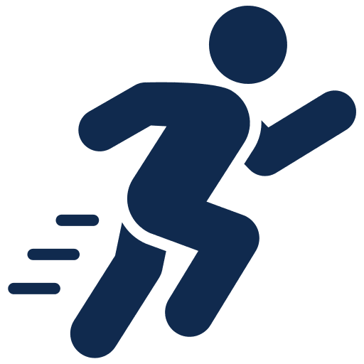 Dark blue icon of a person running with motion lines.