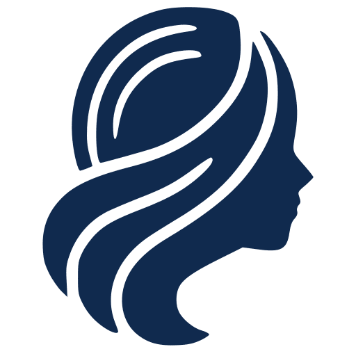 Blue logo with a flowing abstract flame shape.